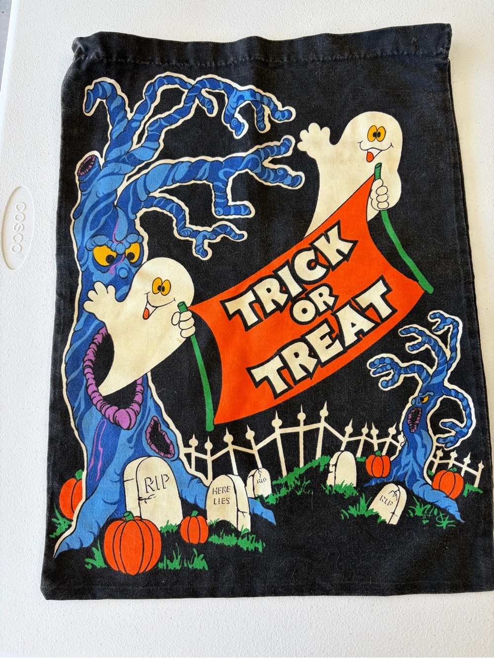 Vintage Halloween Trick or Treat Bag - Black/Orange with Blue Tree and Ghosts